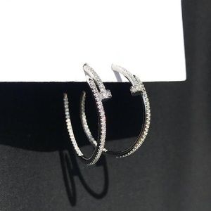 NIB Nail Hoop Earrings, Silver Diamond